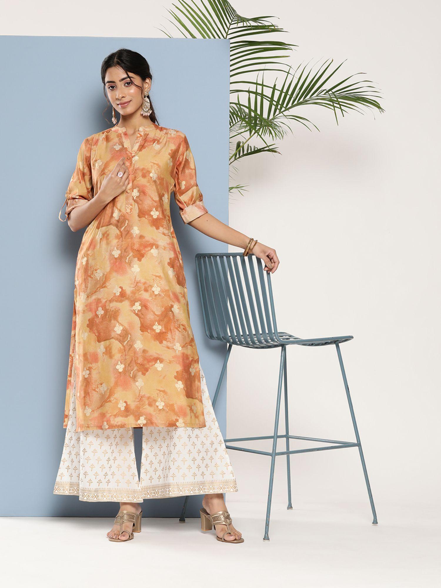 women silk brown floral printed kurta