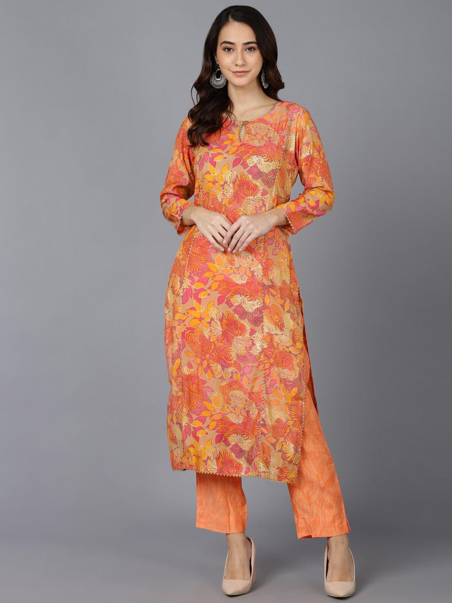 women silk floral printed straight kurta