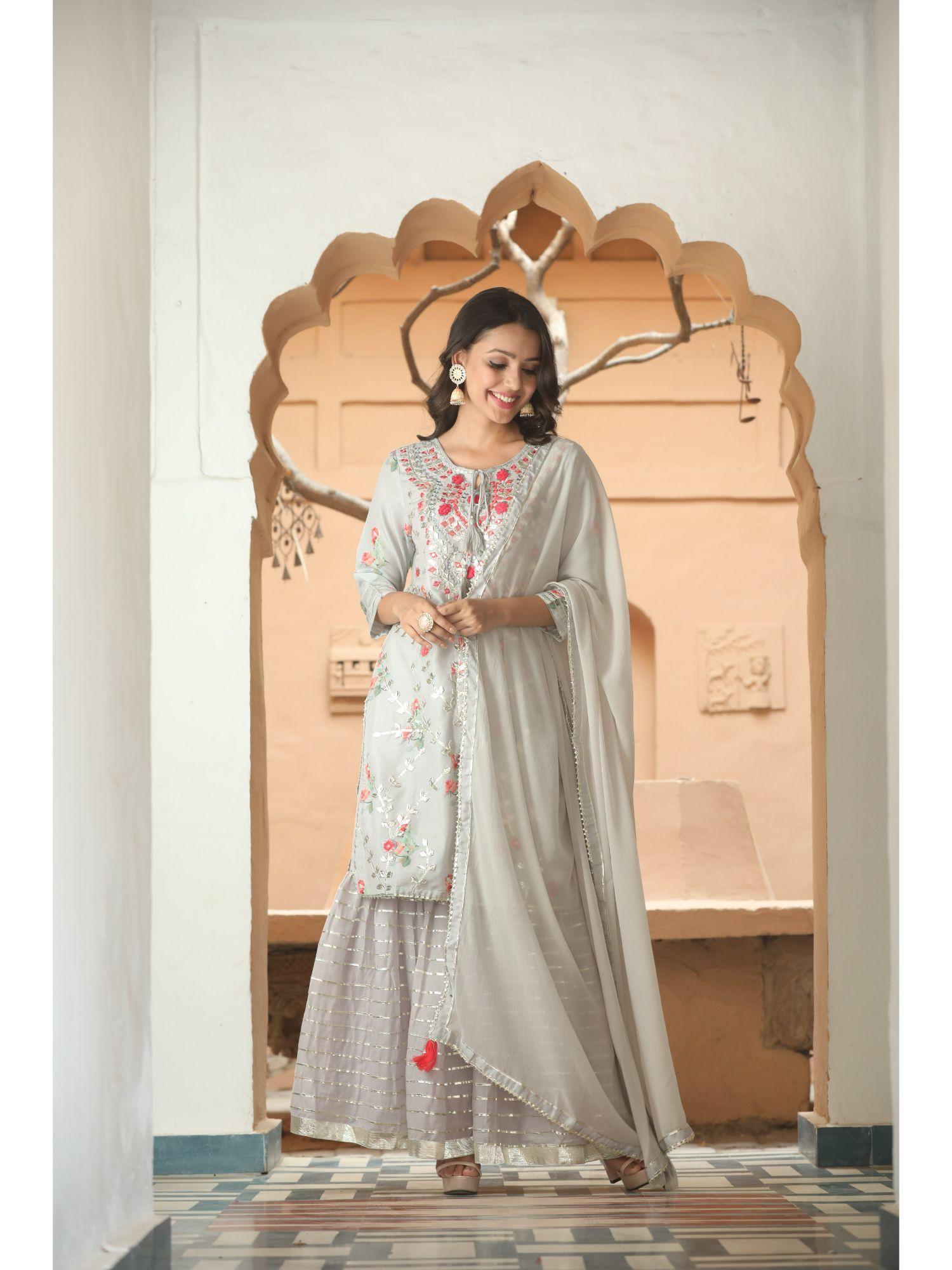 women silk grey gota patti embroidered a-line kurta and sharara with dupatta (set of 3)