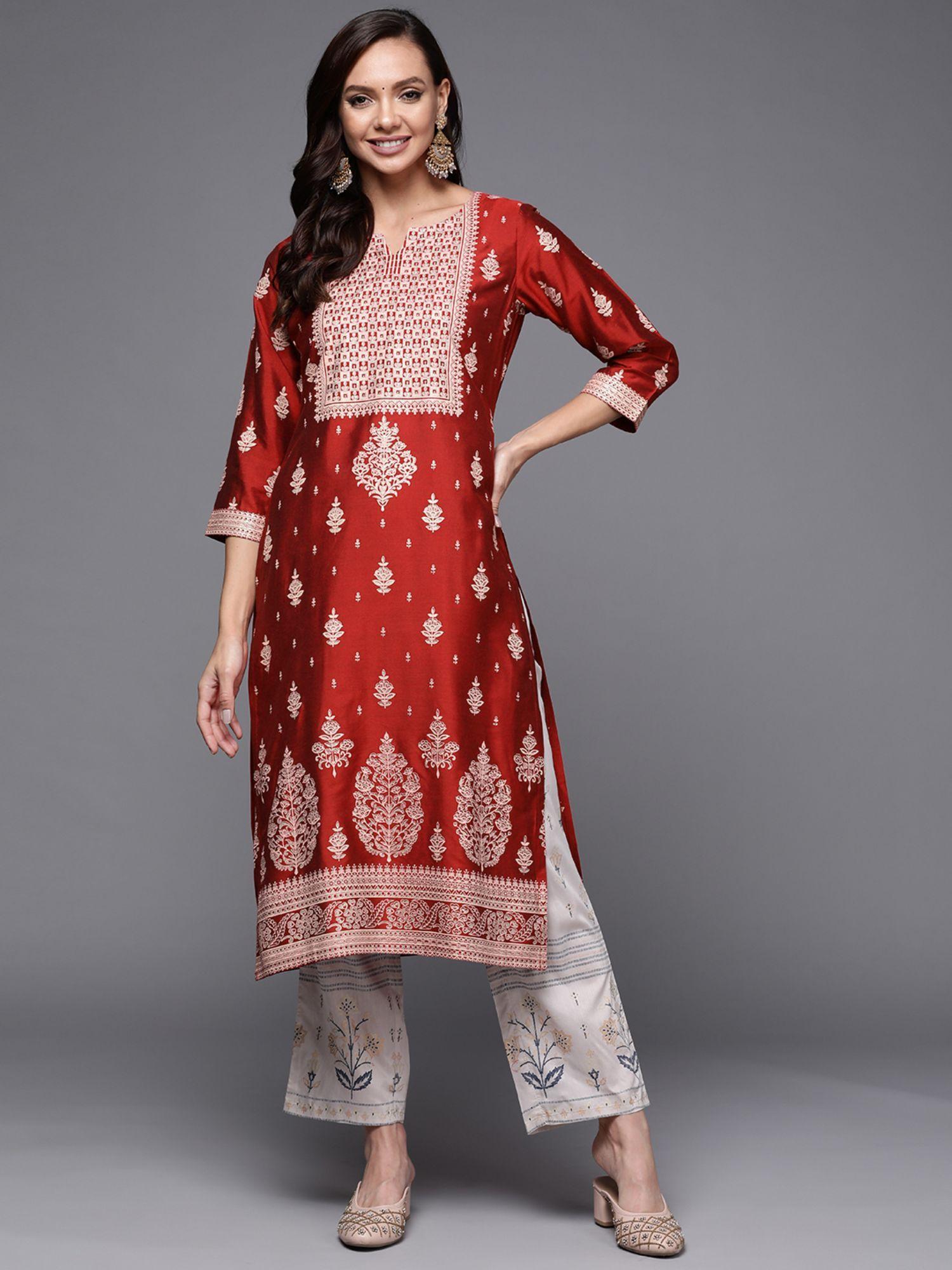 women silk maroon floral printed kurta