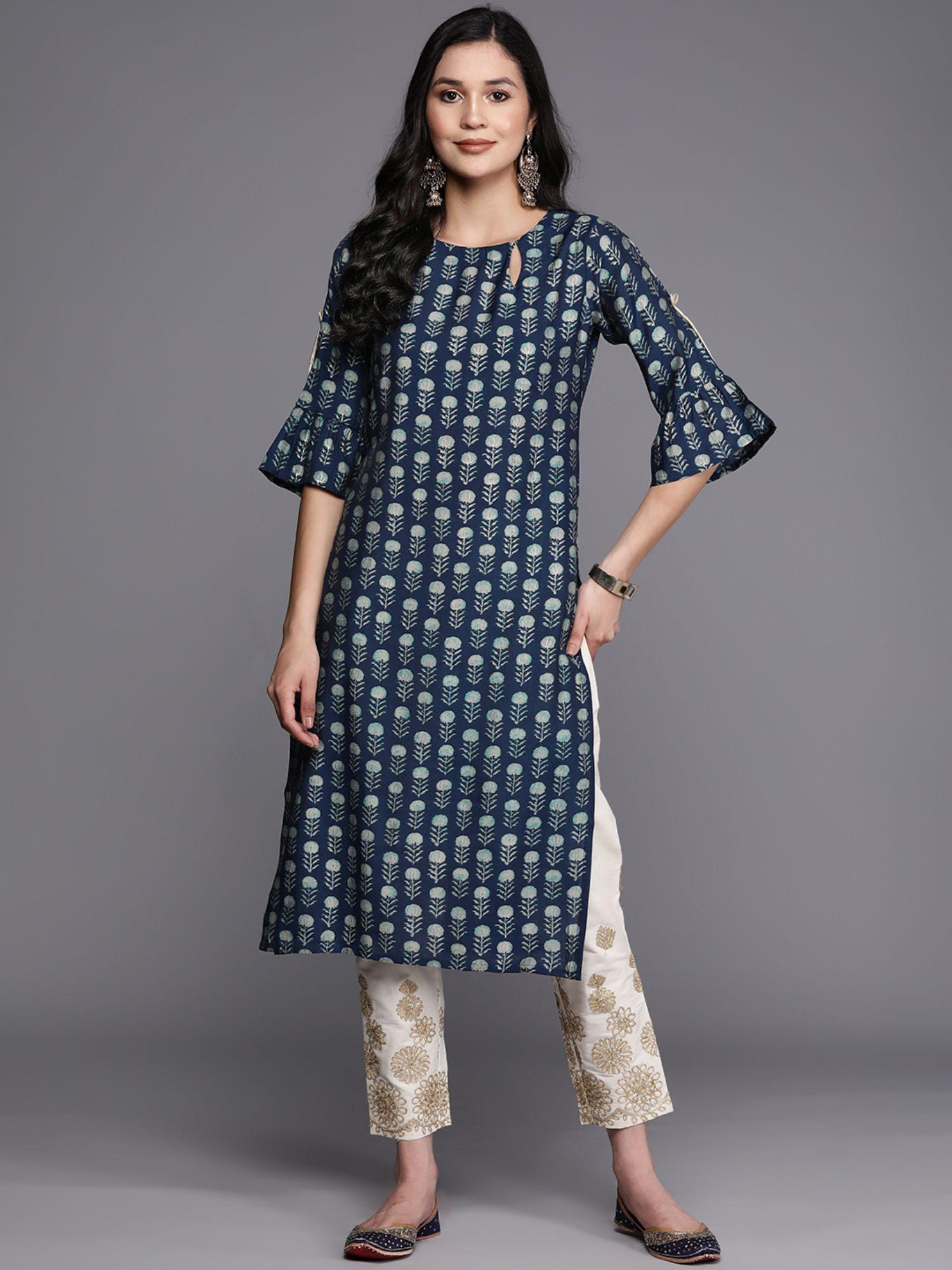 women silk navy blue floral printed kurta