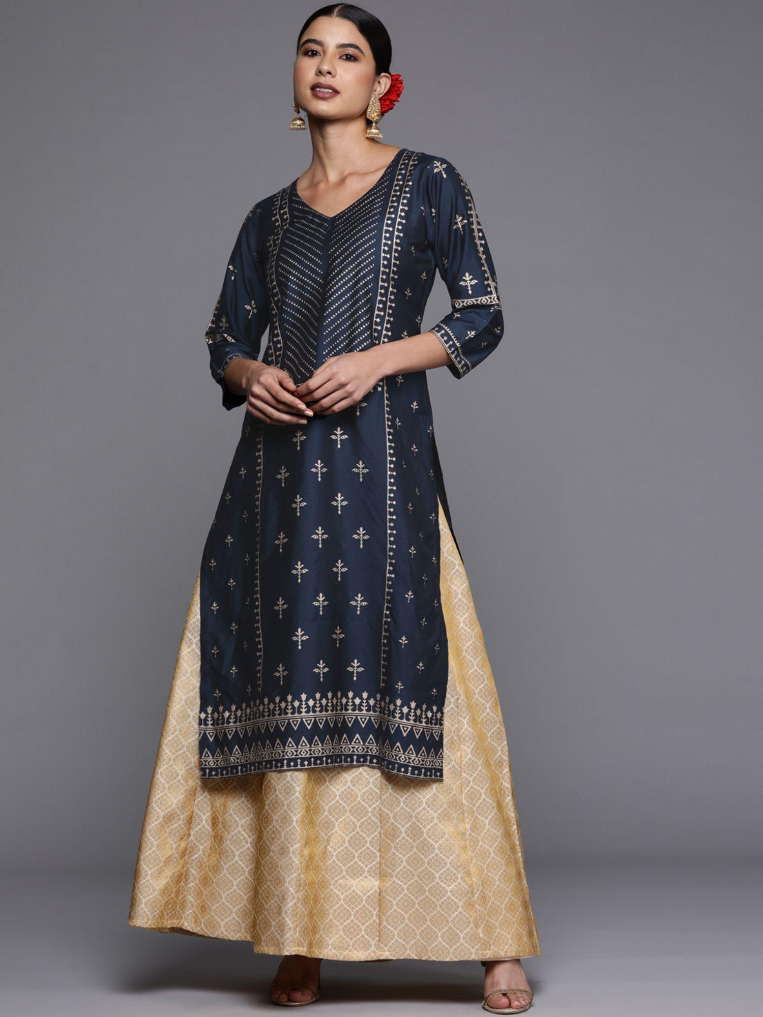 women silk navy blue printed kurta