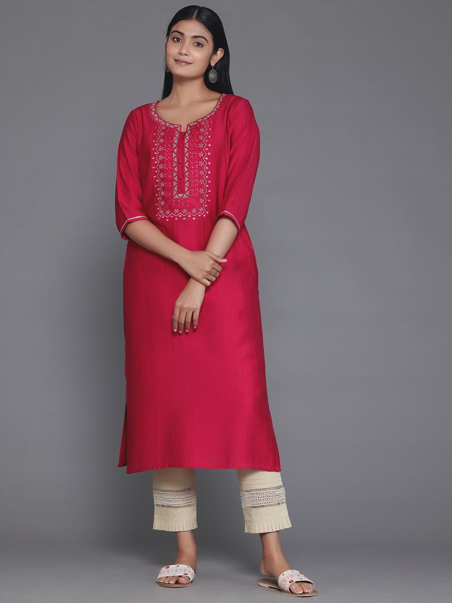 women silk pink embroidered kurta