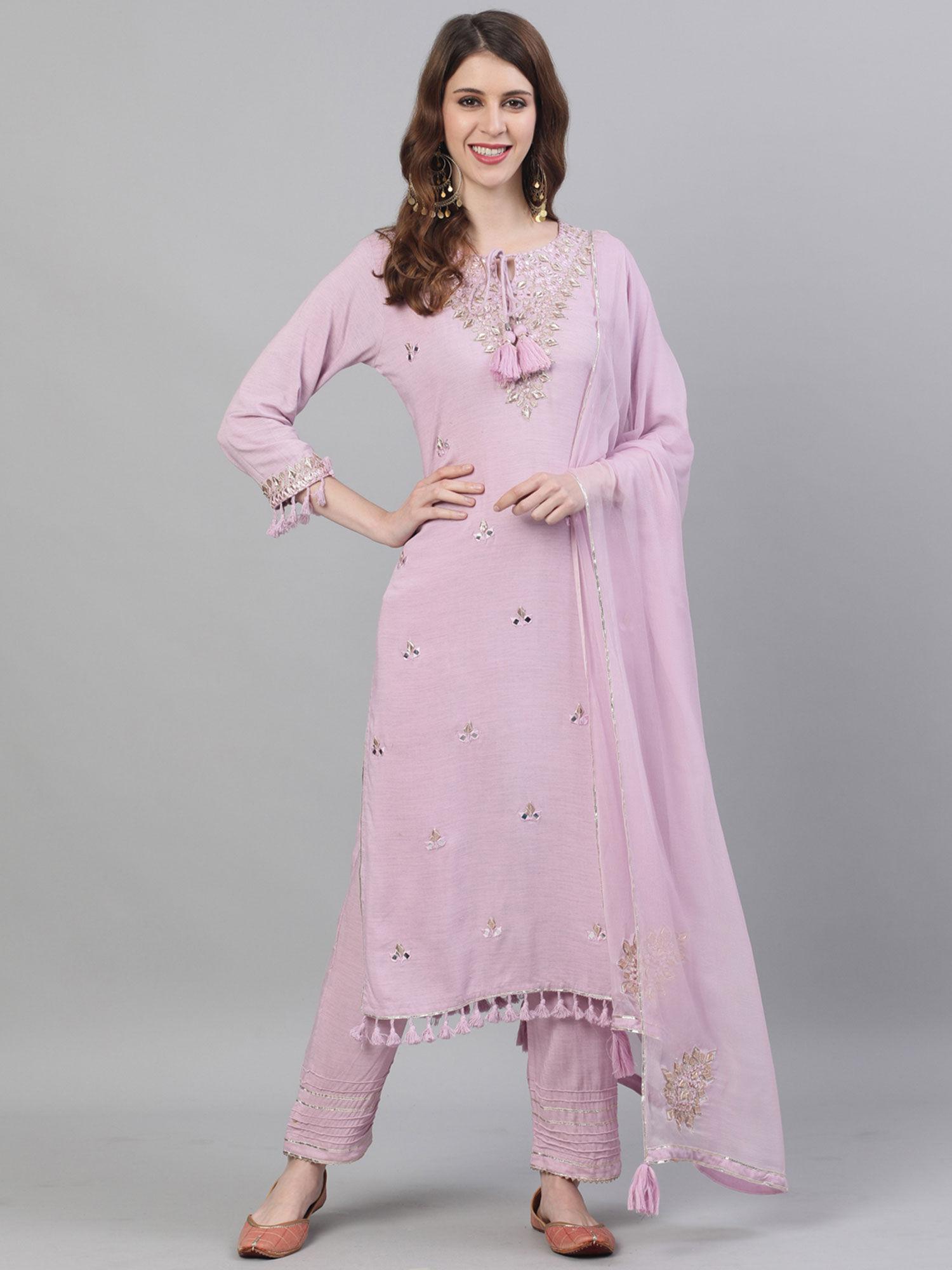 women silk purple gota patti embroidered a-line kurta and trouser with dupatta (set of 3)