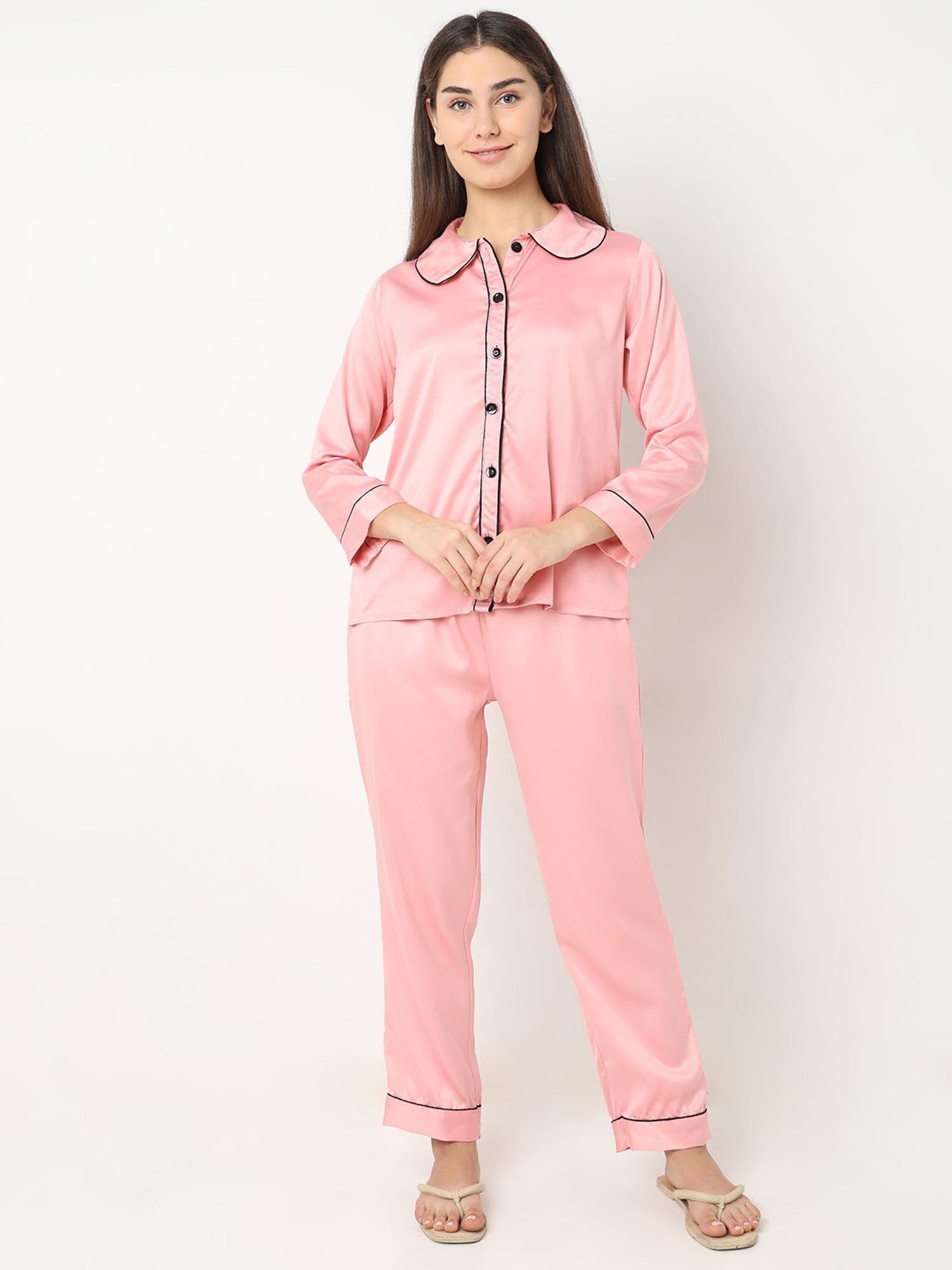 women silk satin baby pink night suit (set of 2)