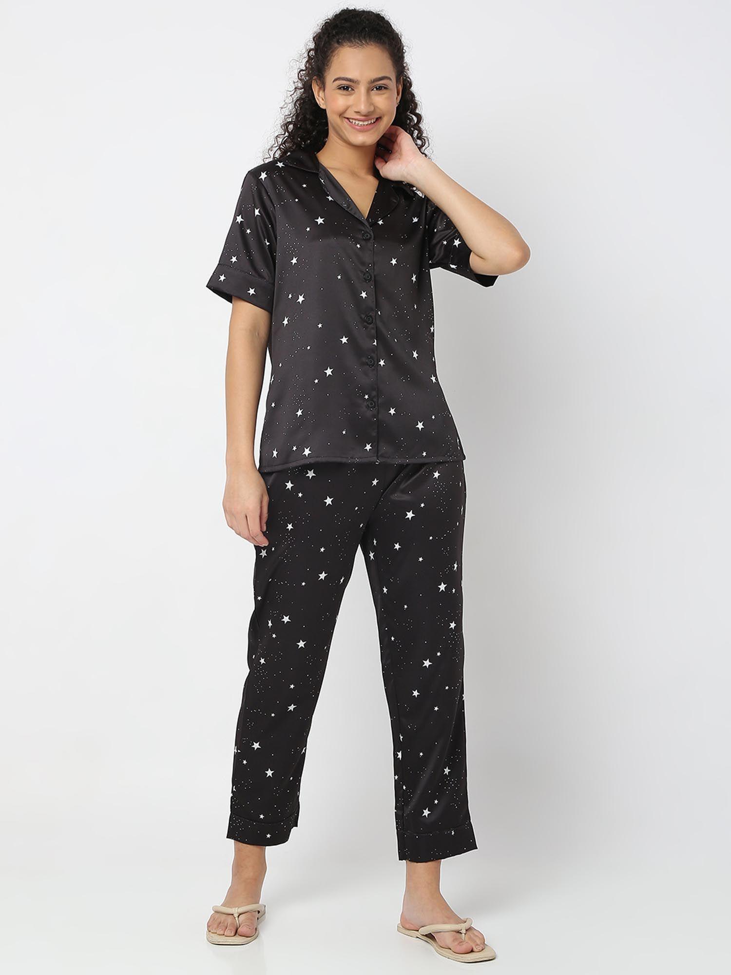 women silk satin black star print night suit (set of 2)