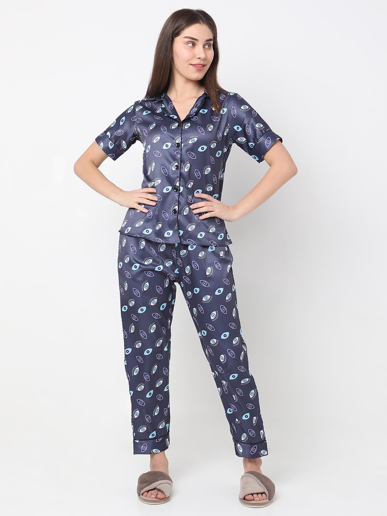 women silk satin blueevil eye print night suit (set of 2)