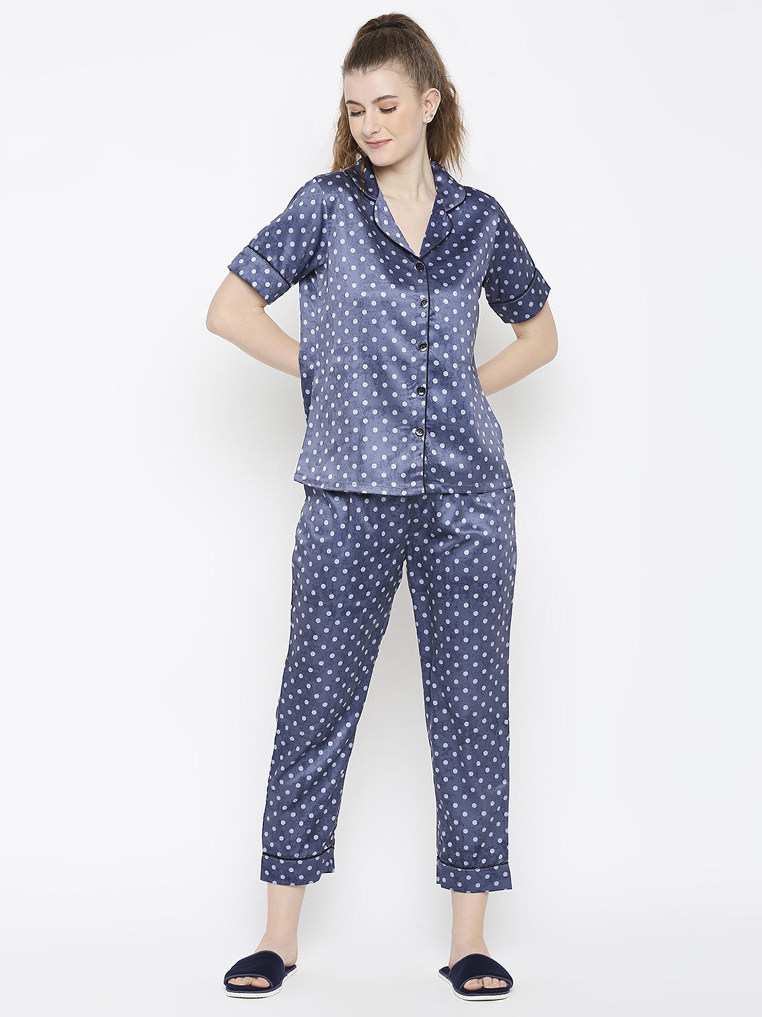 women silk satin bluepolka dot night suit (set of 2)