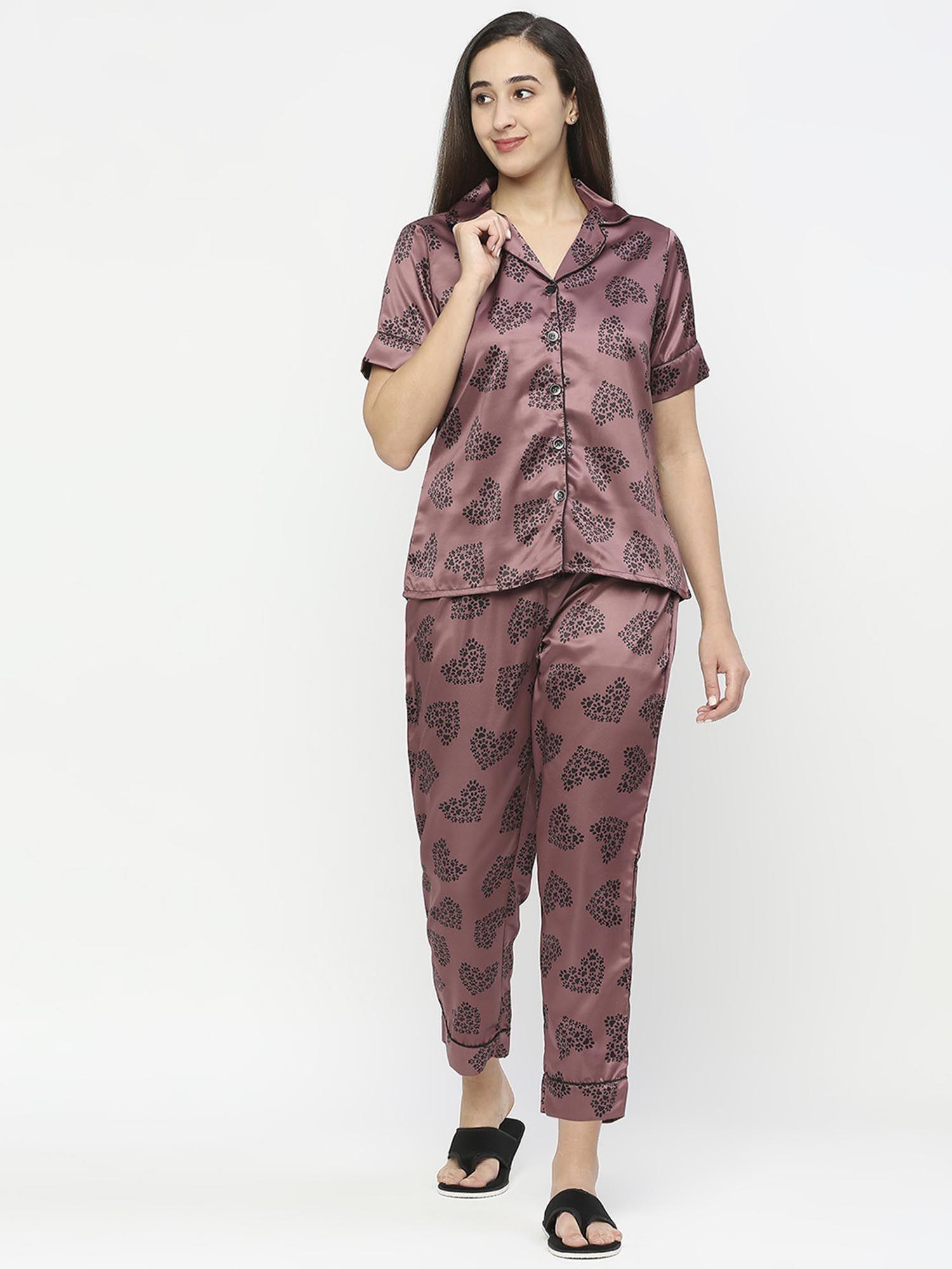 women silk satin chocolate paw print night suit (set of 2)