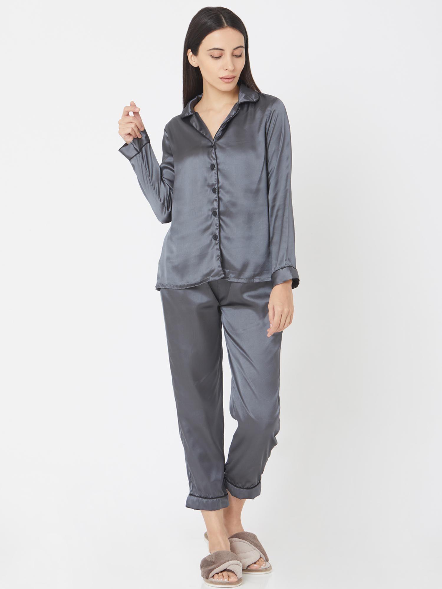 women silk satin dark grey night suit (set of 2)