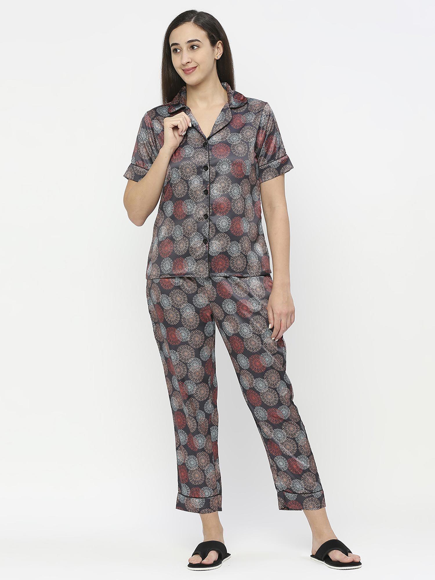 women silk satin geometric floral print night suit (set of 2)