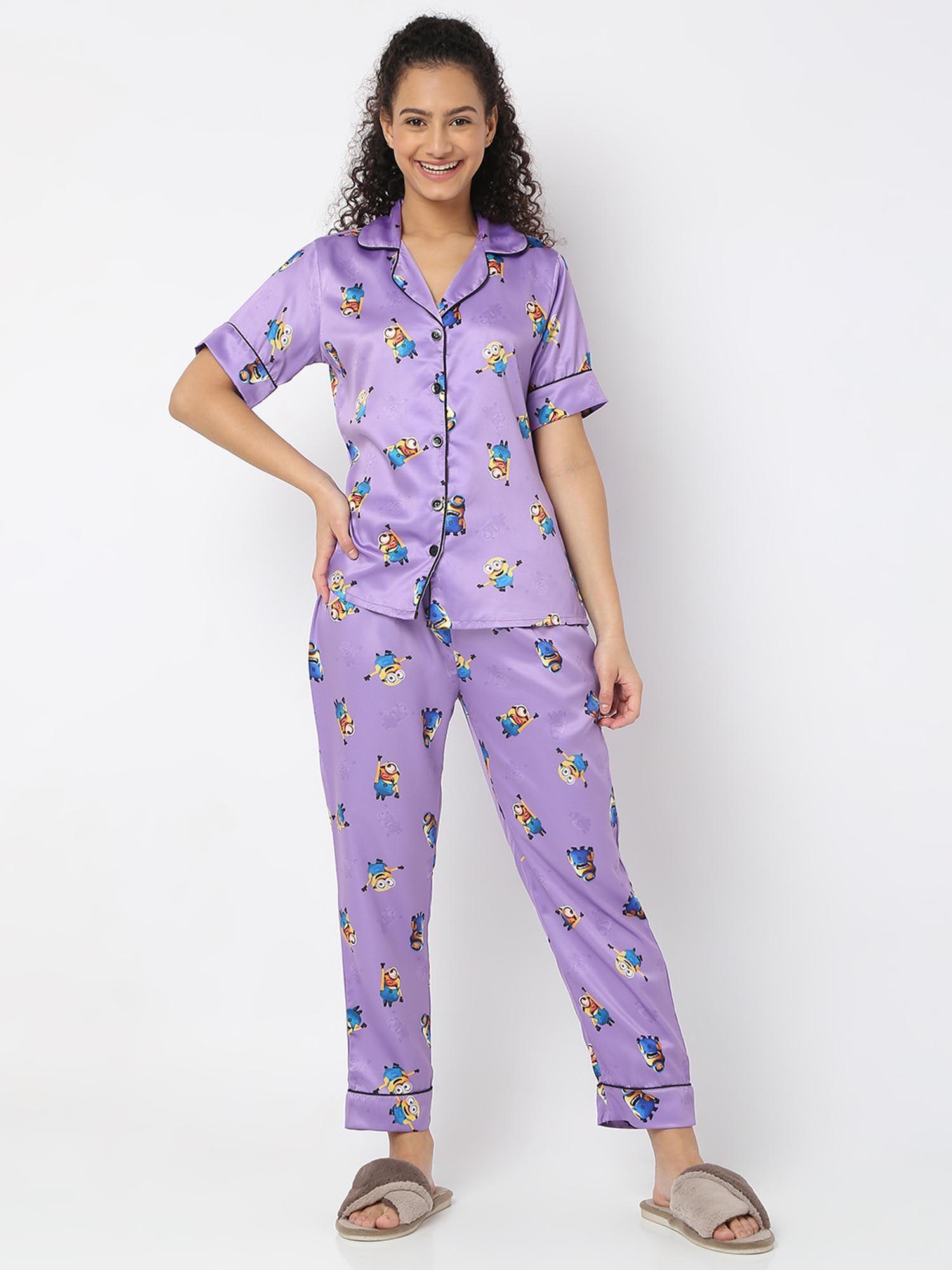 women silk satin lilac minion print night suit (set of 2)