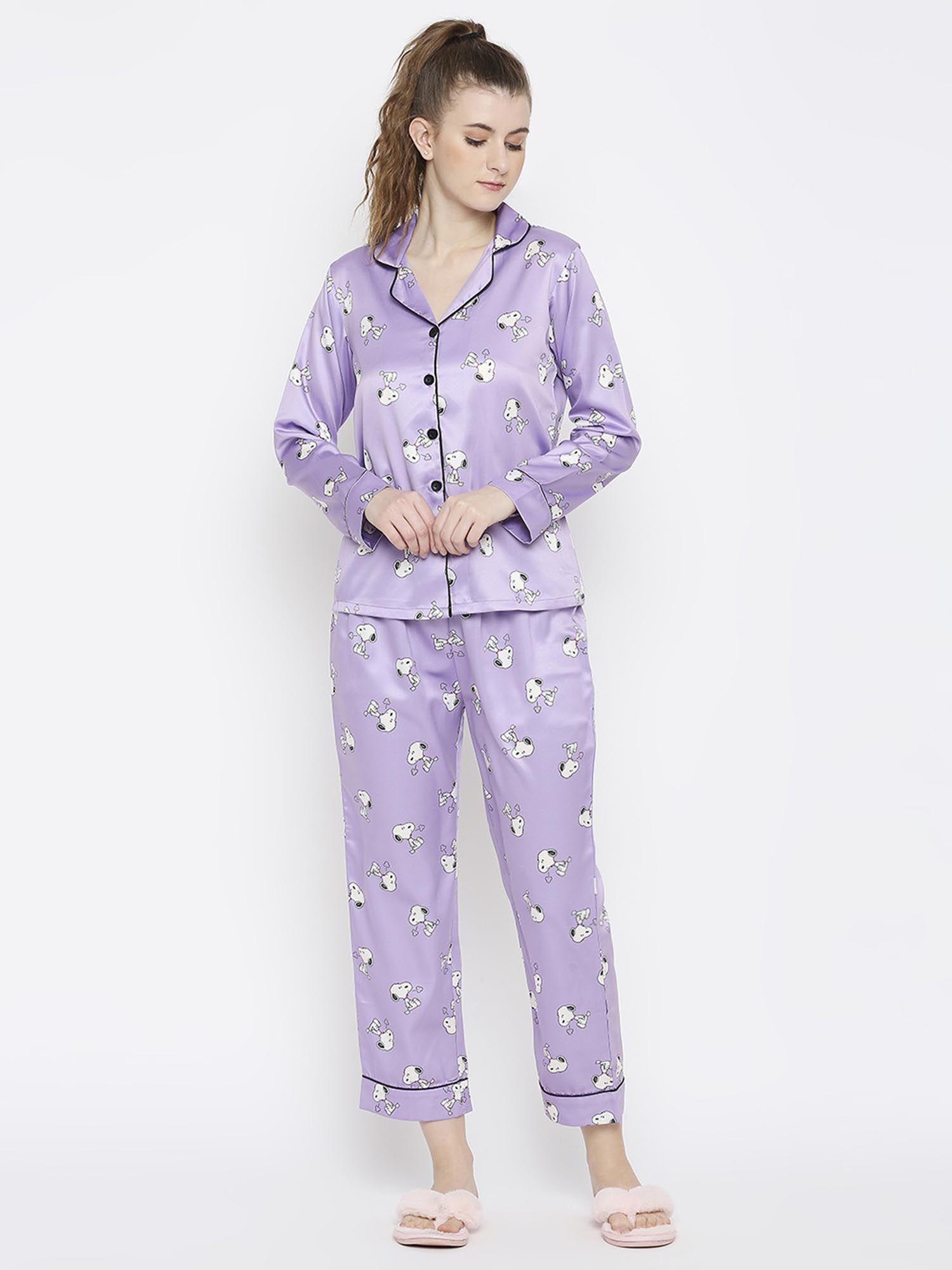 women silk satin lilac snoopy print night suit (set of 2)