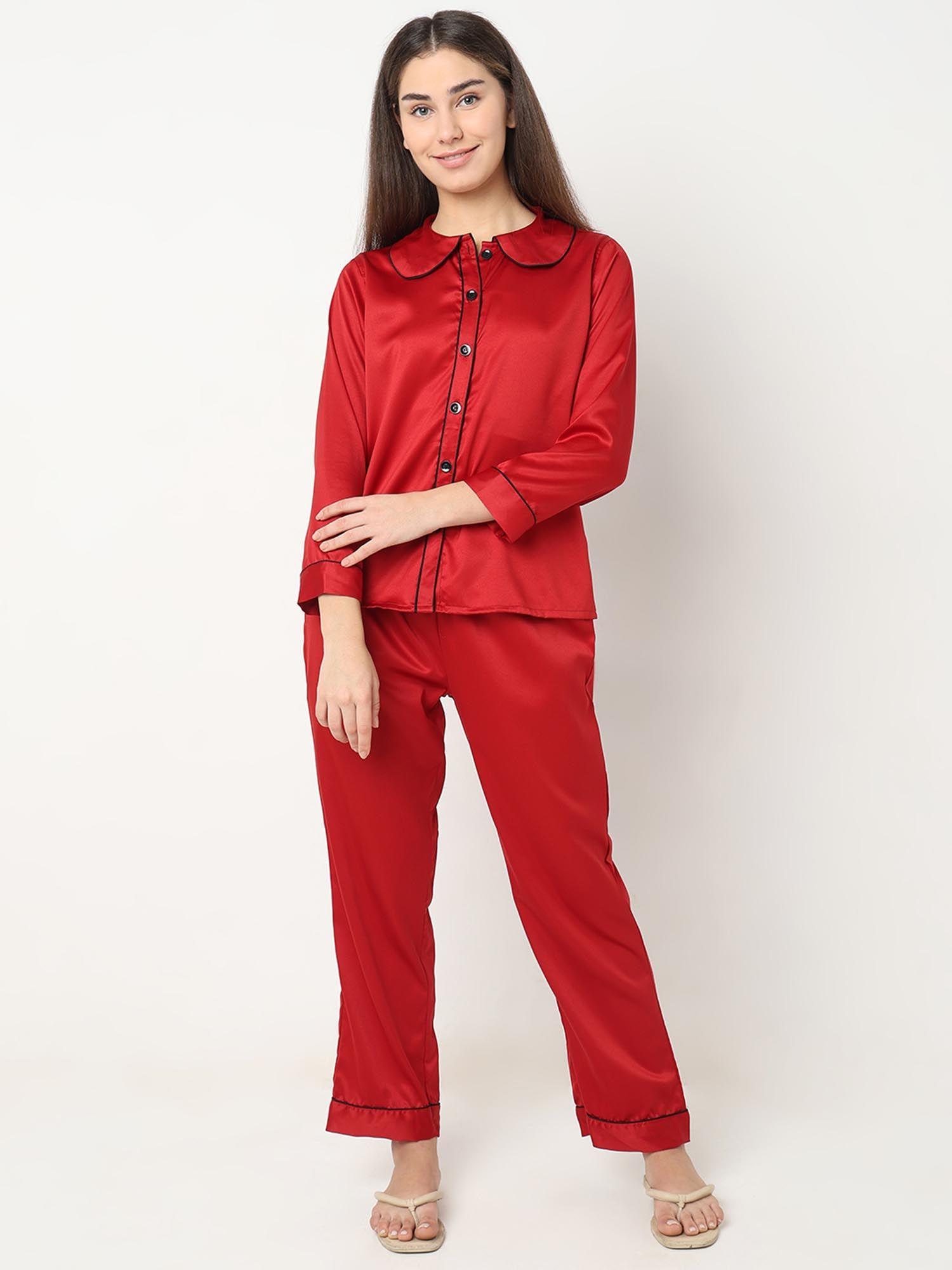 women silk satin maroon night suit (set of 2)