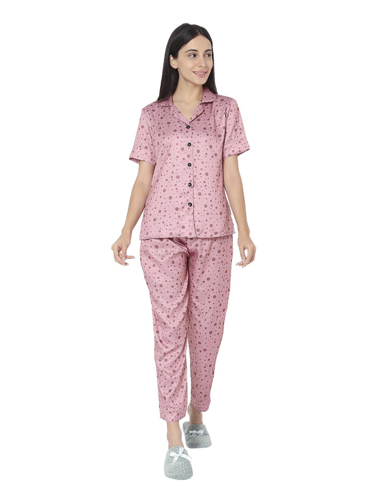 women silk satin mauve pink polka dot night suit (set of 2)