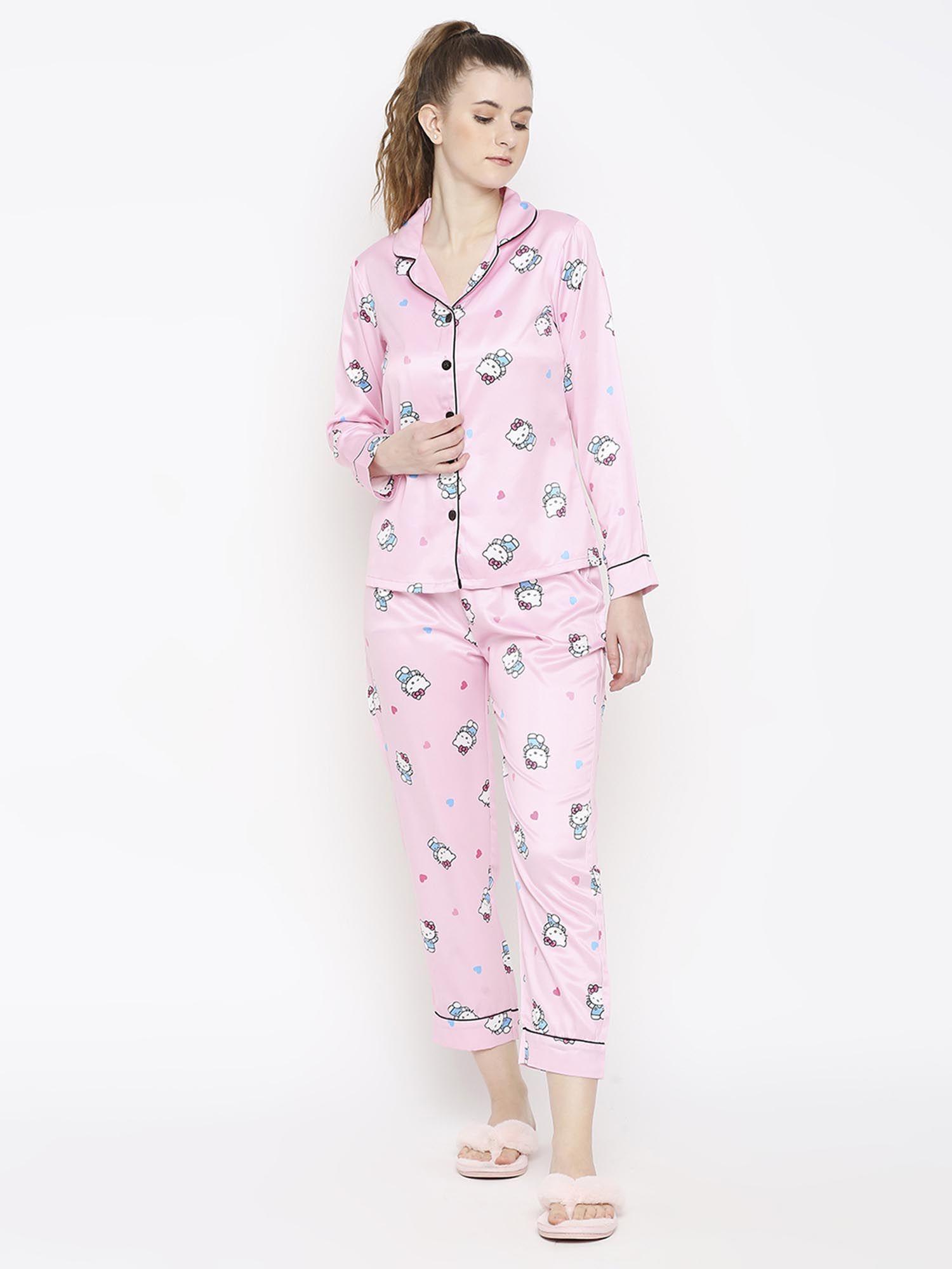 women silk satin pastel pink hello kitty print night suit (set of 2)