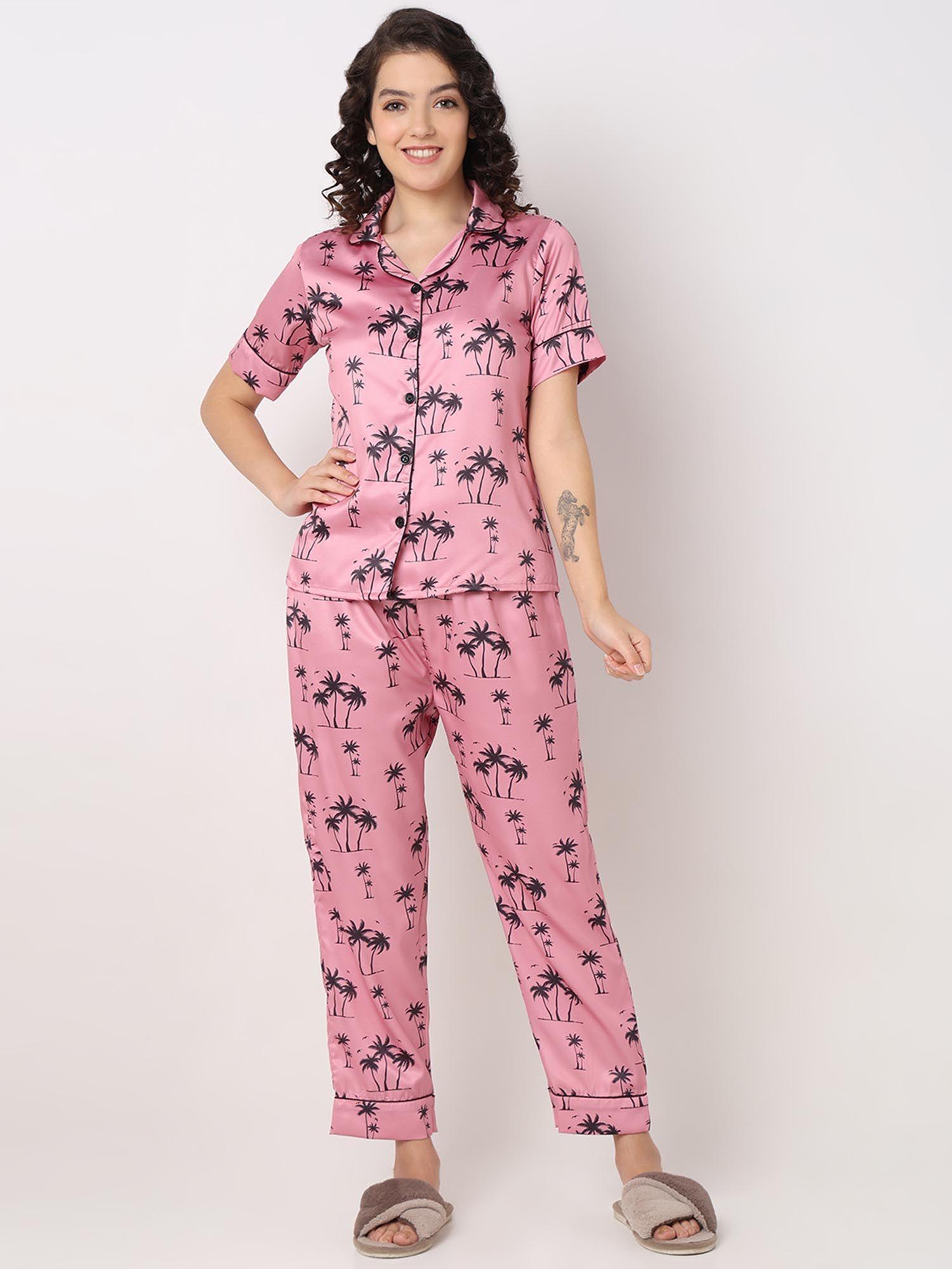 women silk satin pink palm tree printed night suit (set of 2)