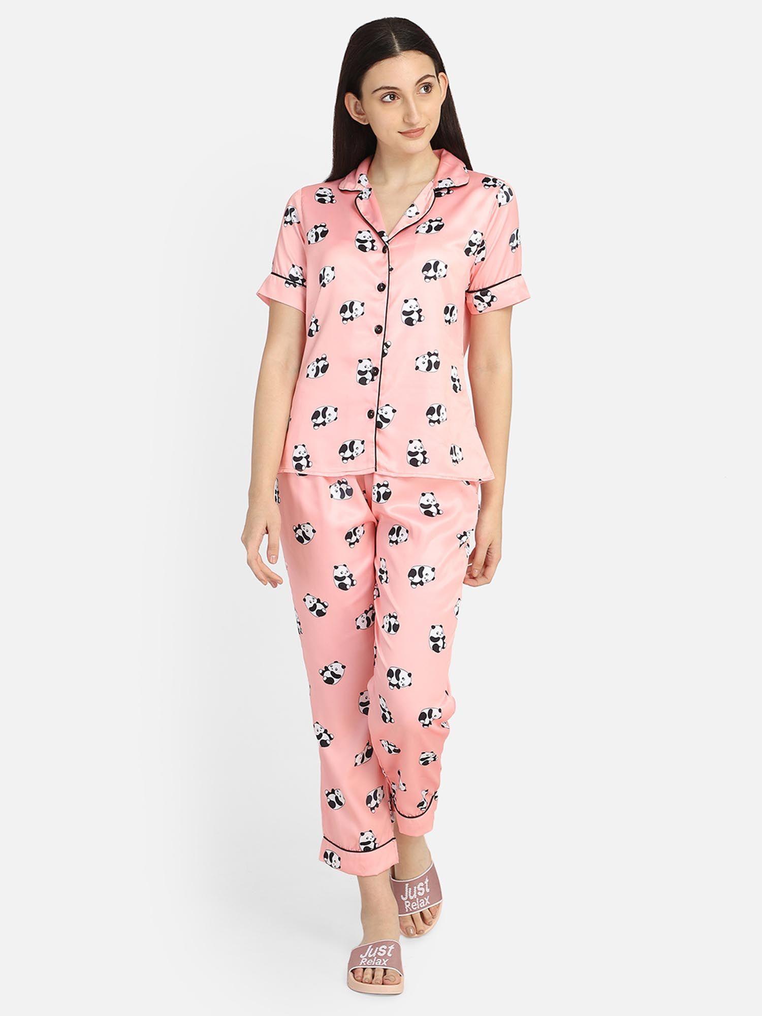 women silk satin pink panda print night suit (set of 2)