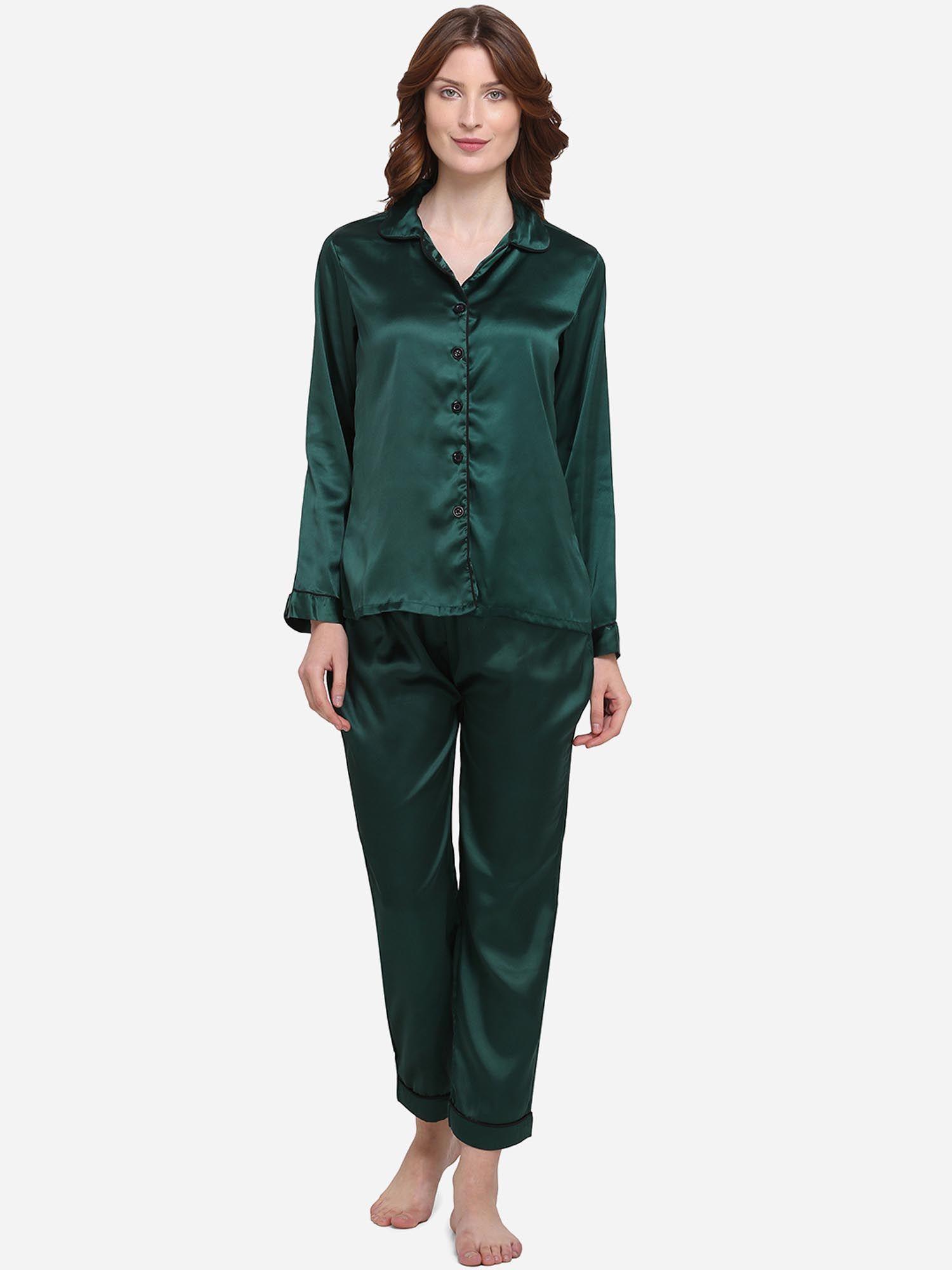 women silk satin solid bottle green night suit (set of 2)