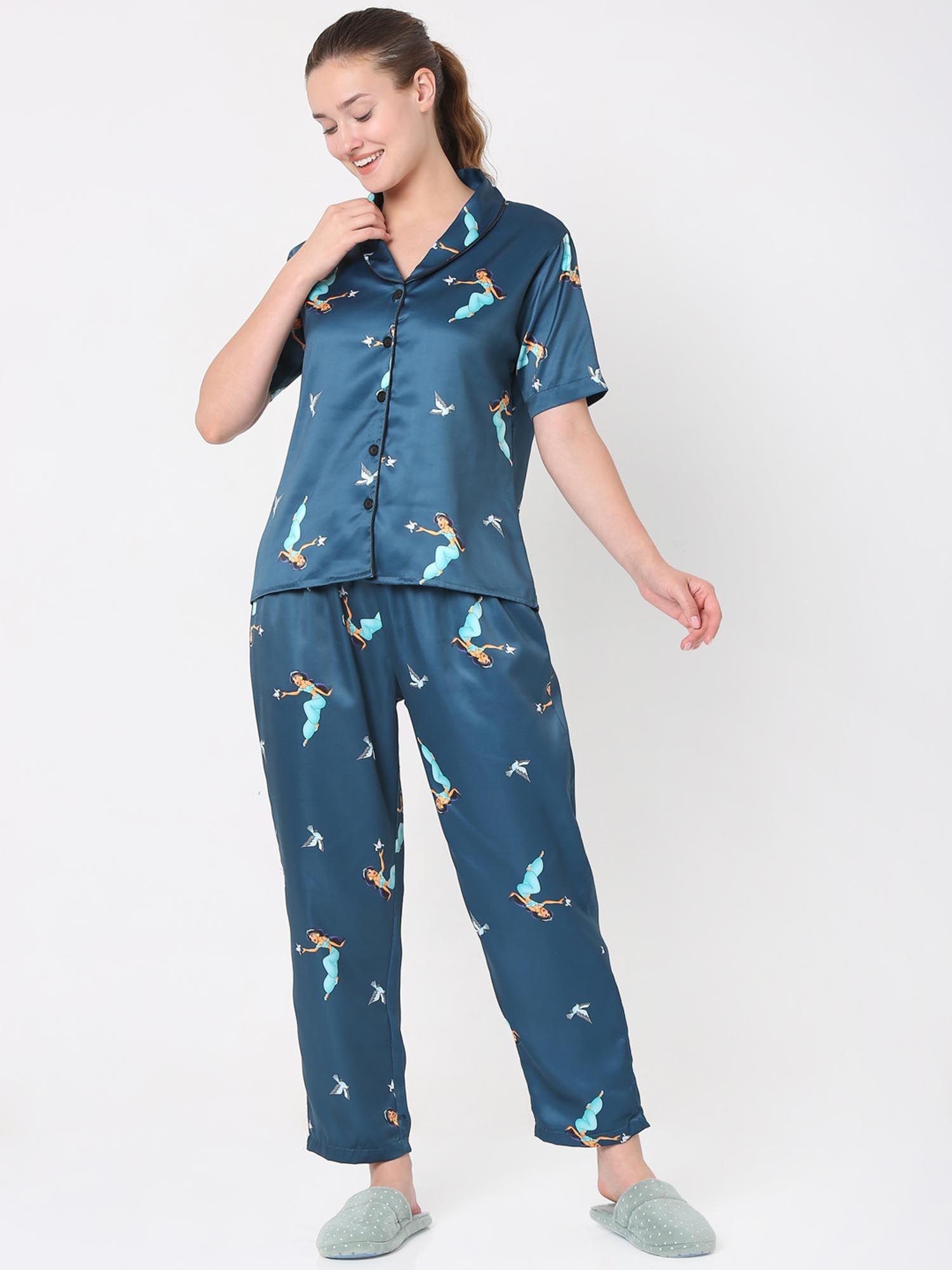 women silk satin teal blue jasmine print night suit (set of 2)