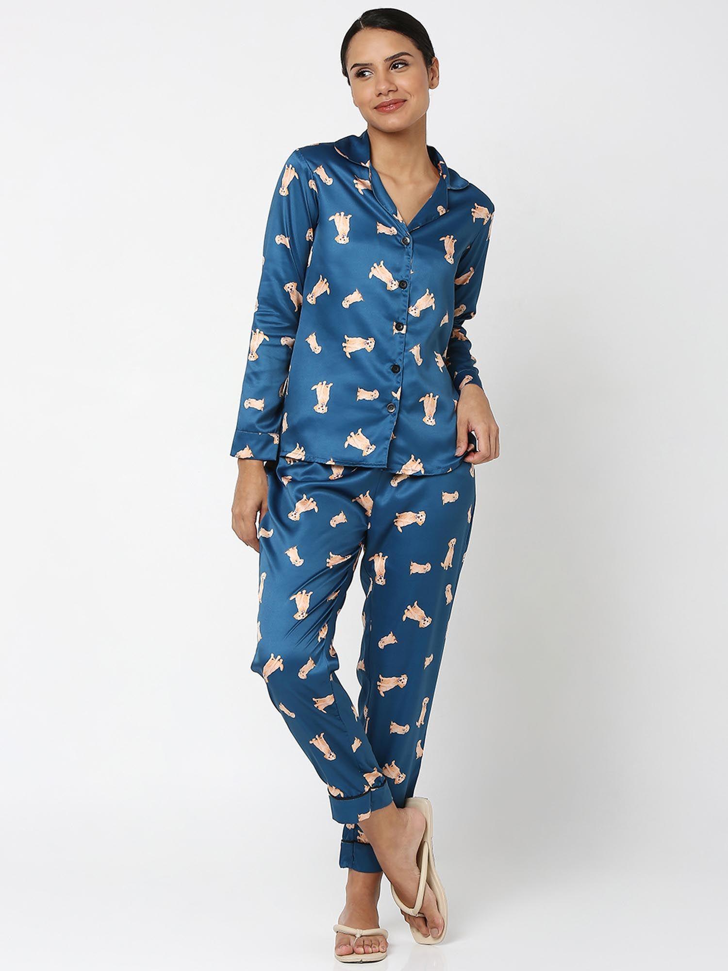 women silk satin teal bluedog print night suit (set of 2)