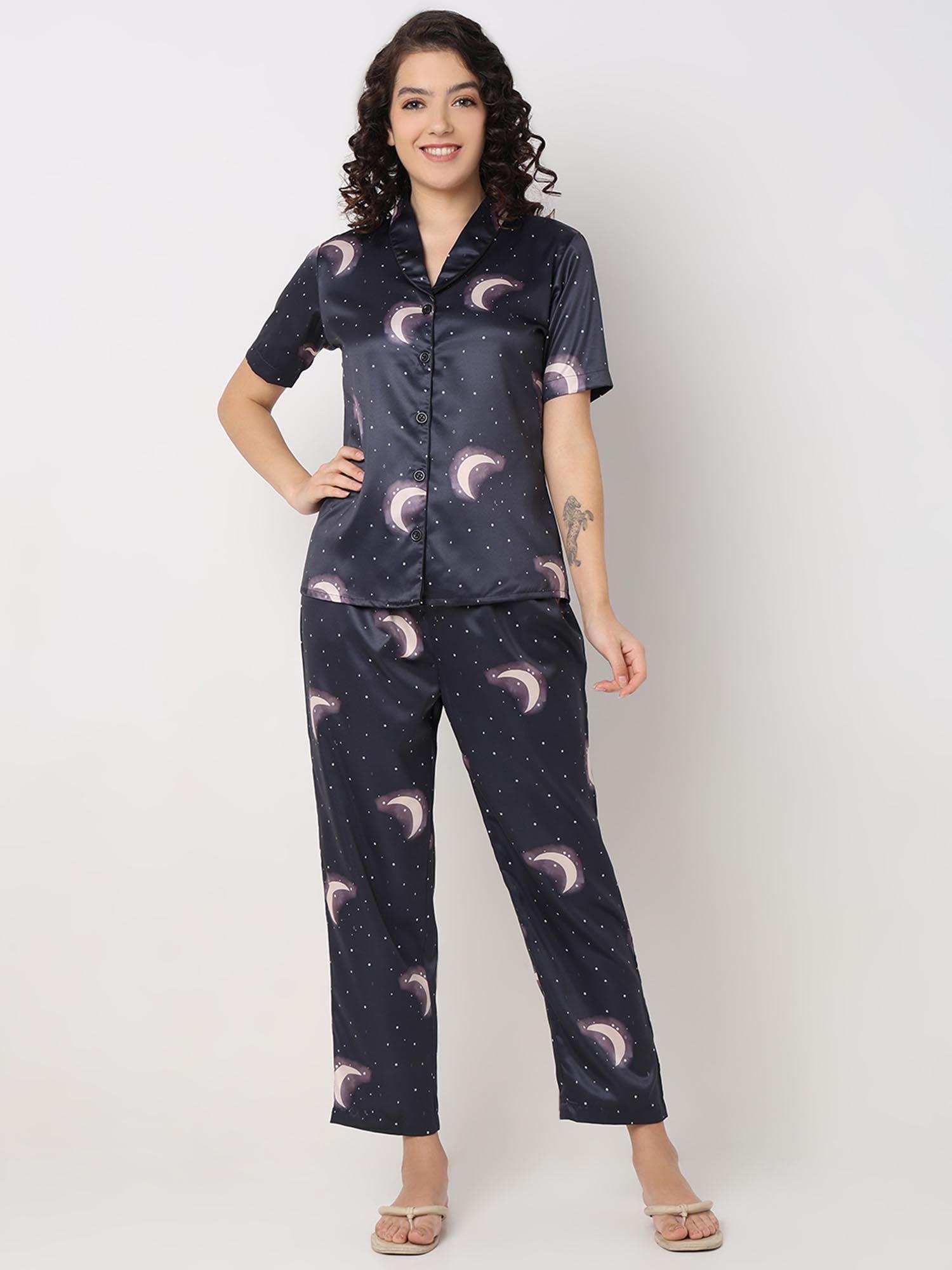 women silk satin teal bluemoon printed night suit (set of 2)