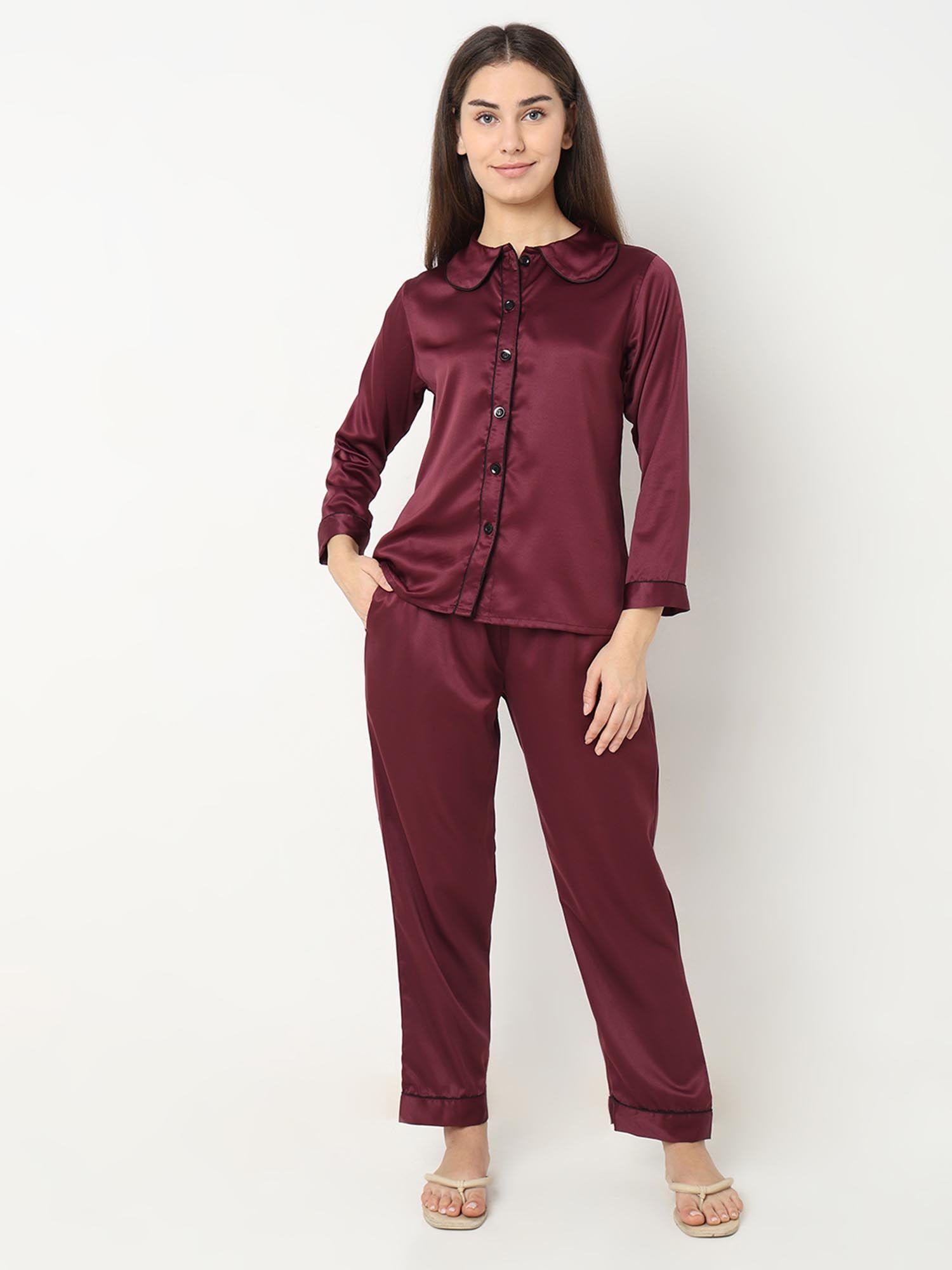 women silk satin wine night suit (set of 2)