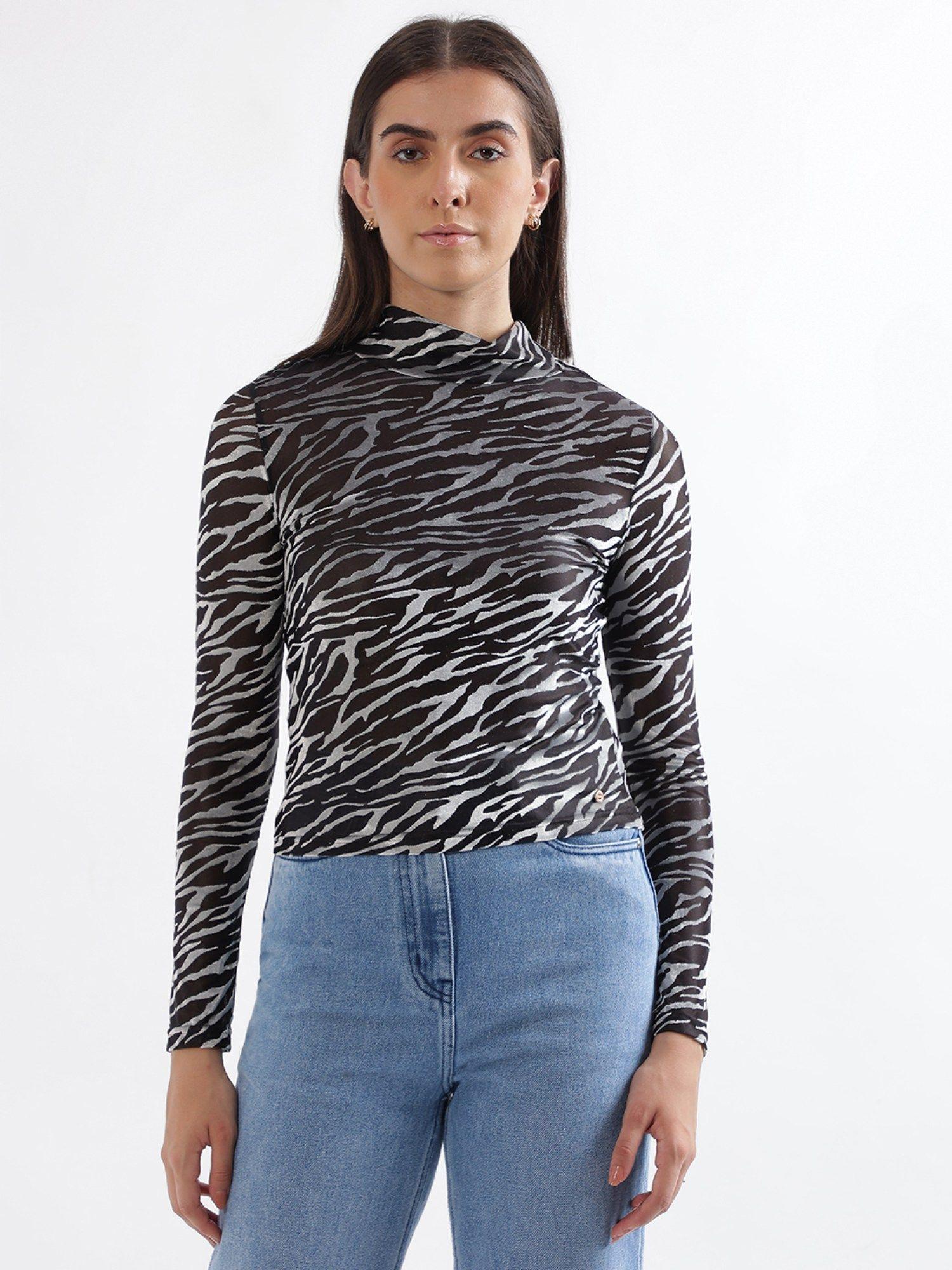 women silver black printed high neck top