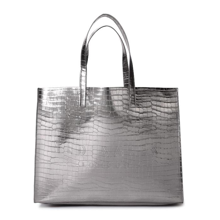 women silver croc-skin patterned tote bag