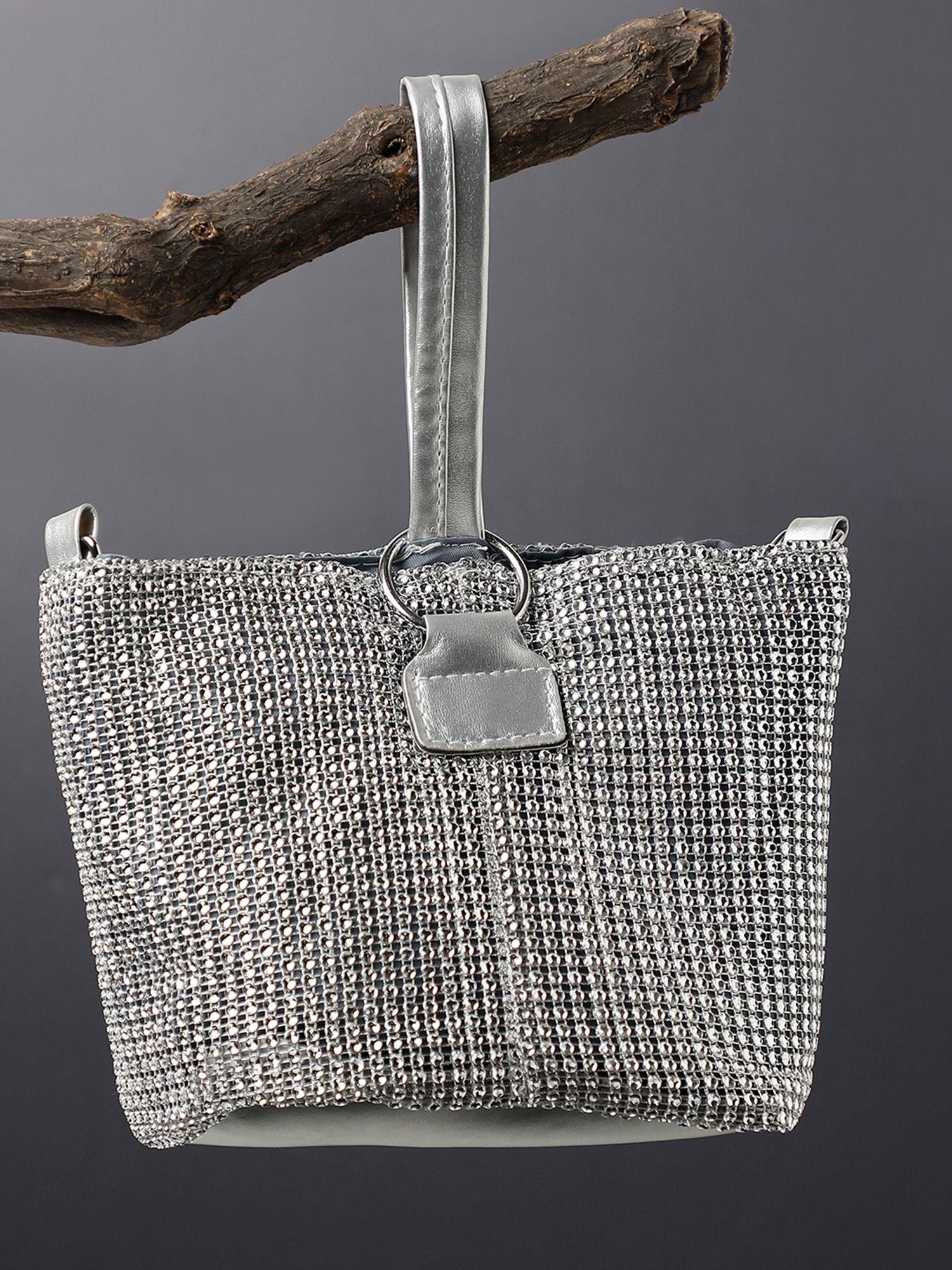 women silver embellished sling bag