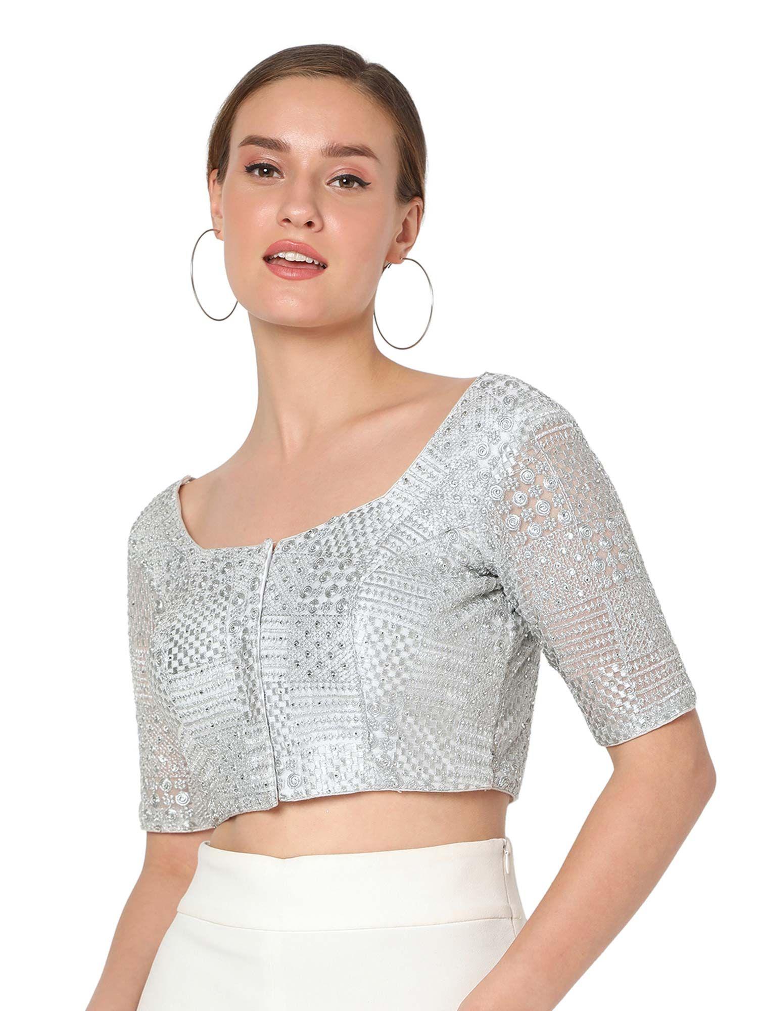 women silver net embroidered readymade saree blouse