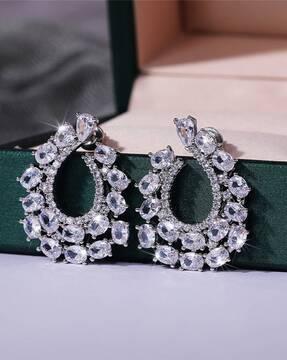 women silver-plated american diamond-studded drop earrings
