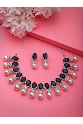 women silver-plated blue american diamond studded handcrafted jewellery set