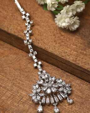 women silver-plated floral design american diamond-studded maangtikka