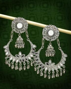 women silver-plated mirror work oxidised chandbali earrings