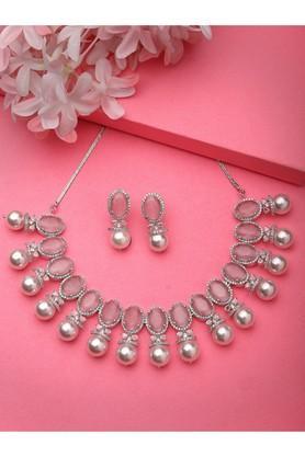 women silver-plated pink american diamond studded handcrafted jewellery set