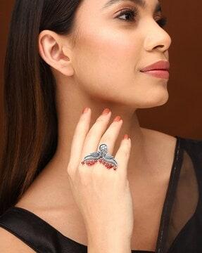 women silver-plated stone-beaded cocktail ring