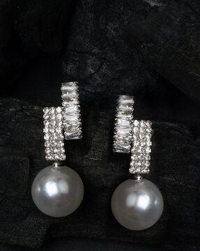 women silver-plated stone-studded drop earrings