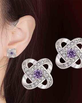 women silver-plated stone-studded earrings