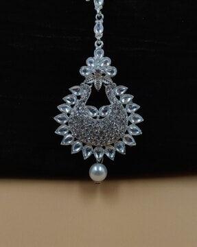 women silver-plated stone-studded maangtikka