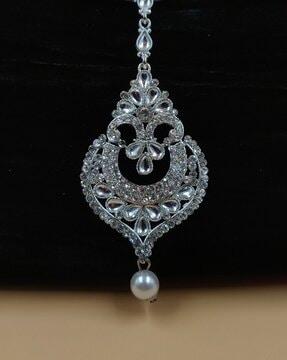 women silver-plated stone-studded maangtikka