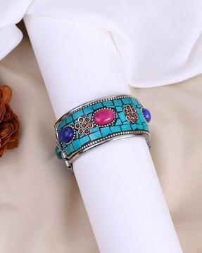 women silver-plated stone-studded slip-on cuff bracelet