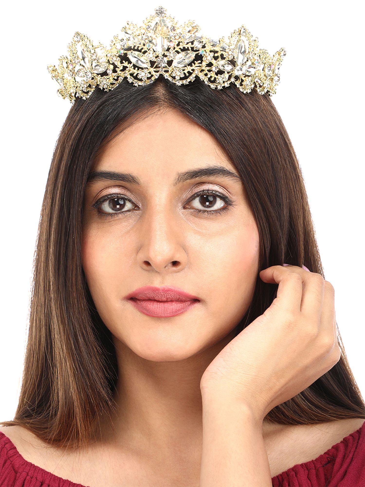 women silver plated white crystal studded teardrop design tiara