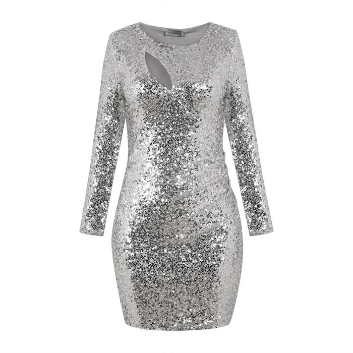 women silver sequined sheath dress with cutout detail