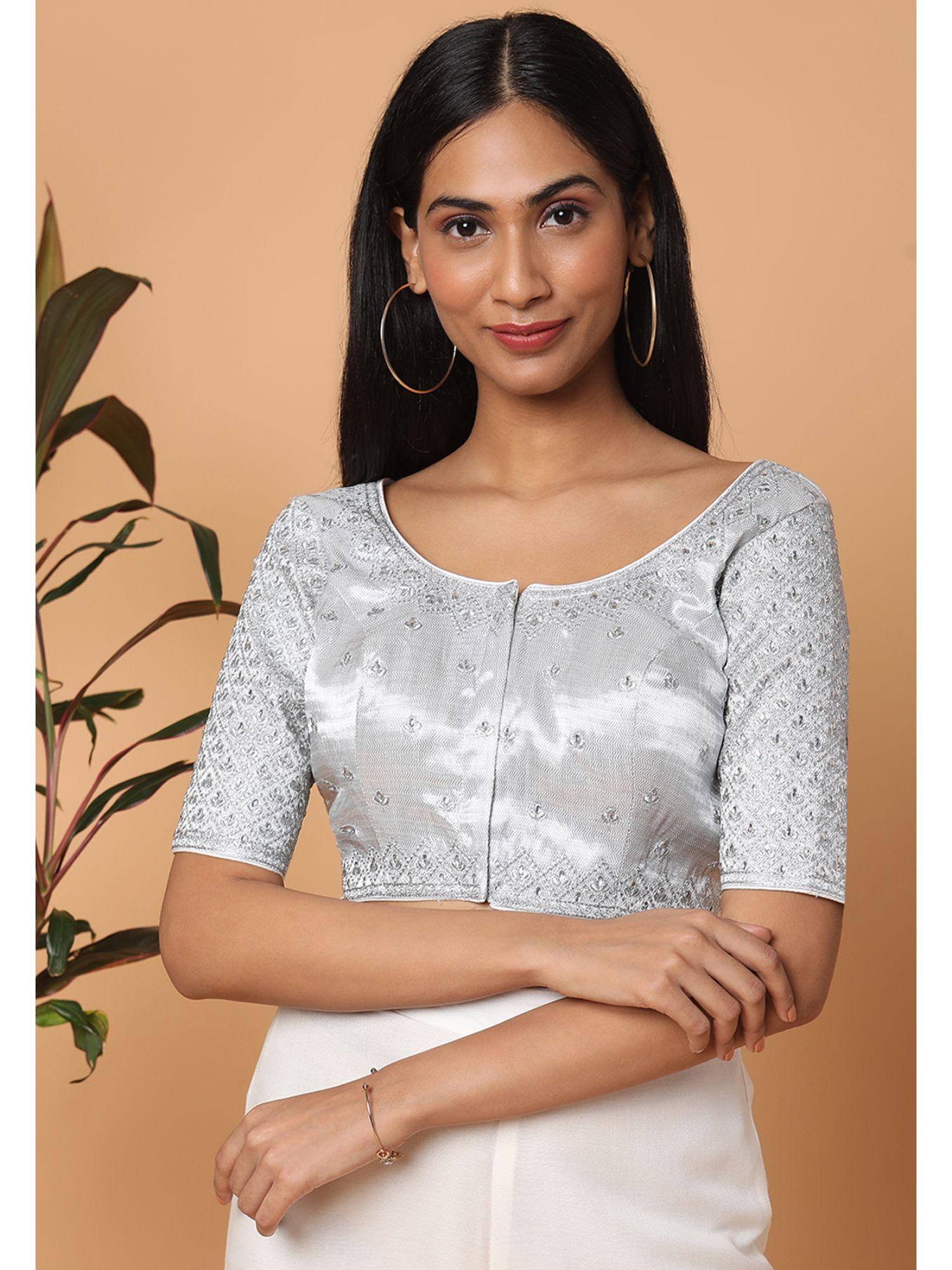 women silver silk blend readymade saree blouse