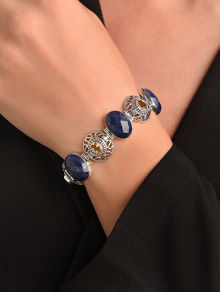 women silver silver tone 925 sterling silver, lapis lazuli, citrine cuffs &amp; bracelet