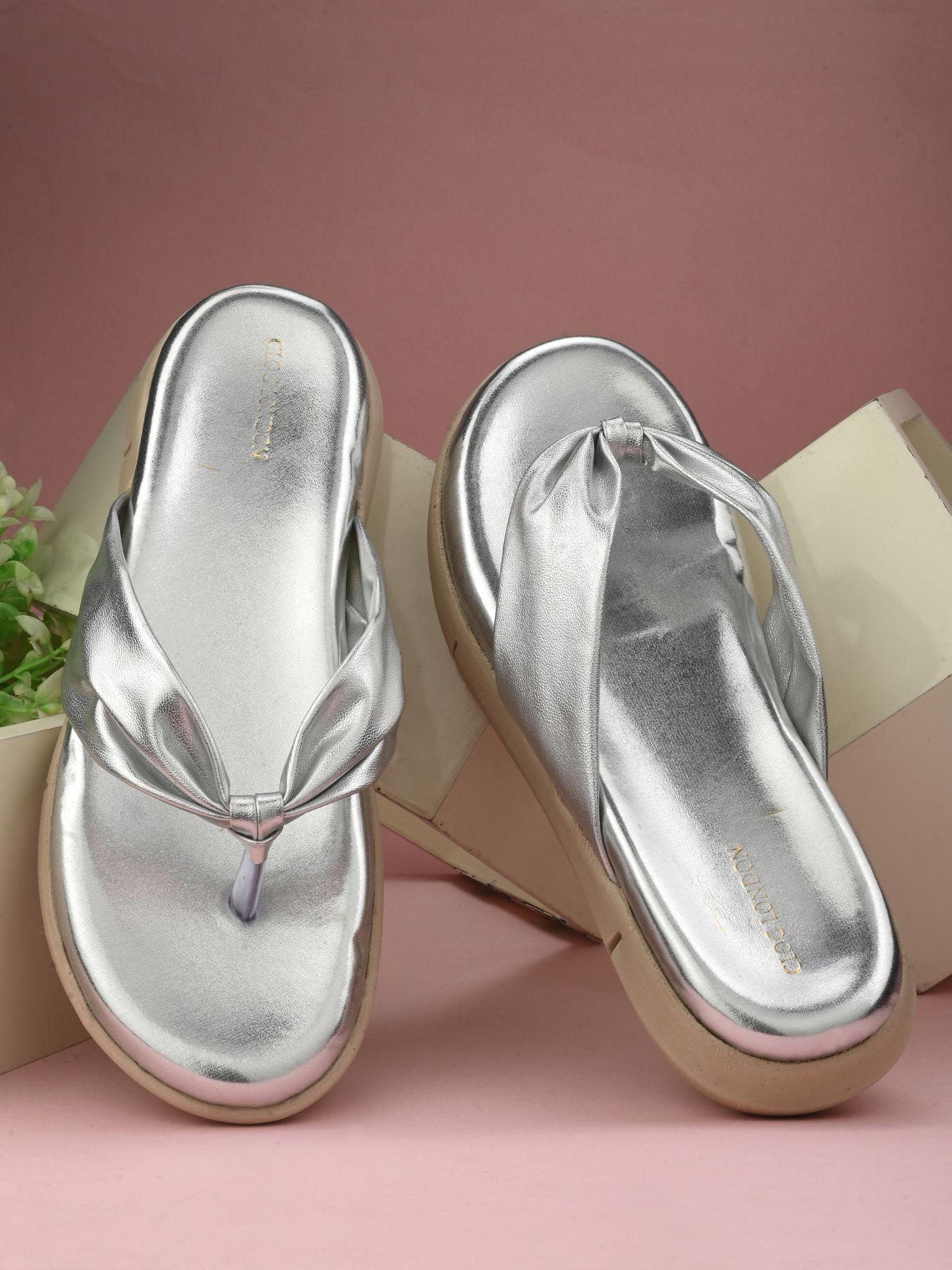 women silver slip on sandals