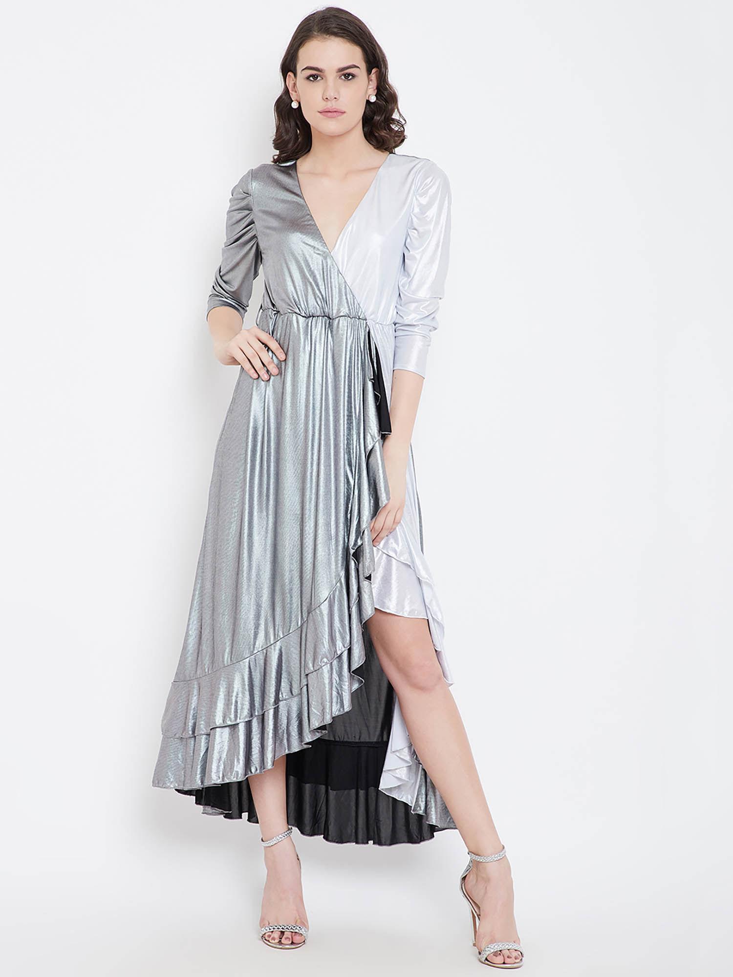 women silver solid shimmery wrap maxi dress