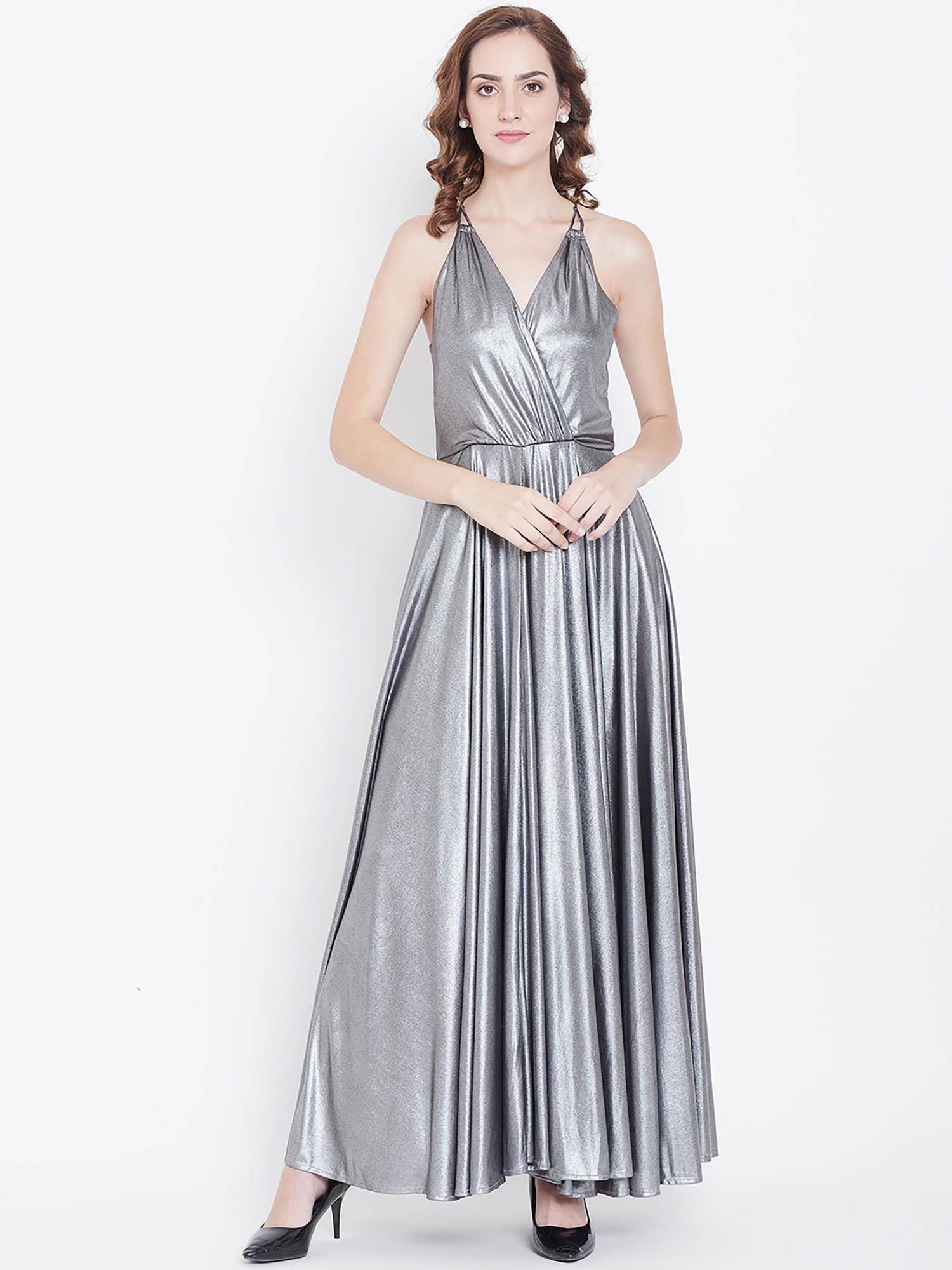 women silver solid shimmery wrap maxi dress