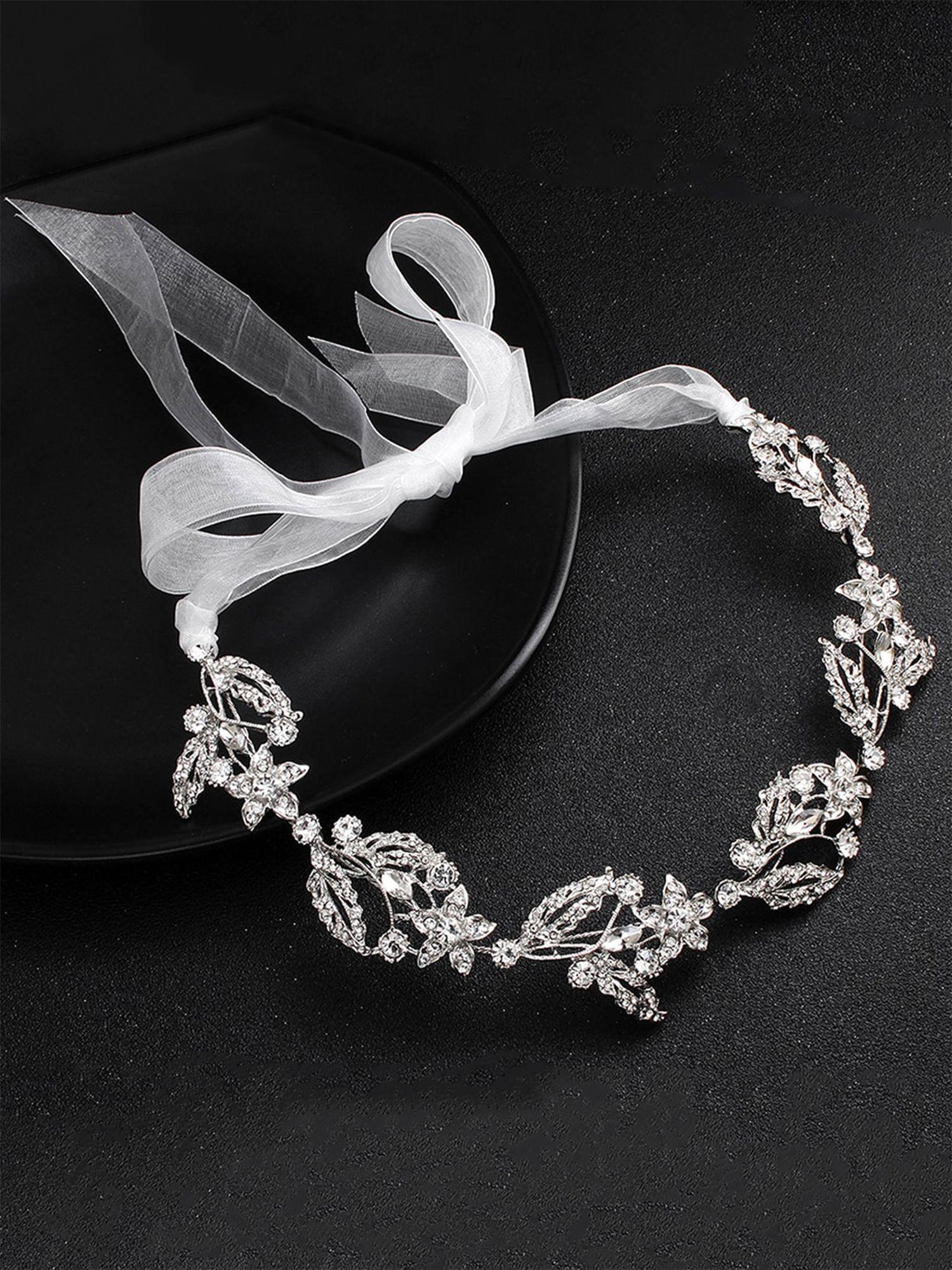 women silver toned crystal beaded embellished tiara